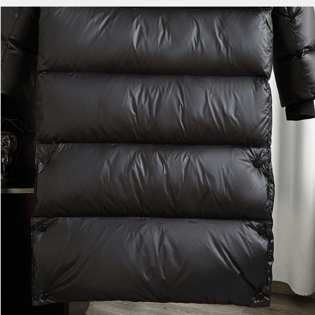 Women’s Long Waterproof Puffer Jacket with Hood and Quilted Insulation-Black