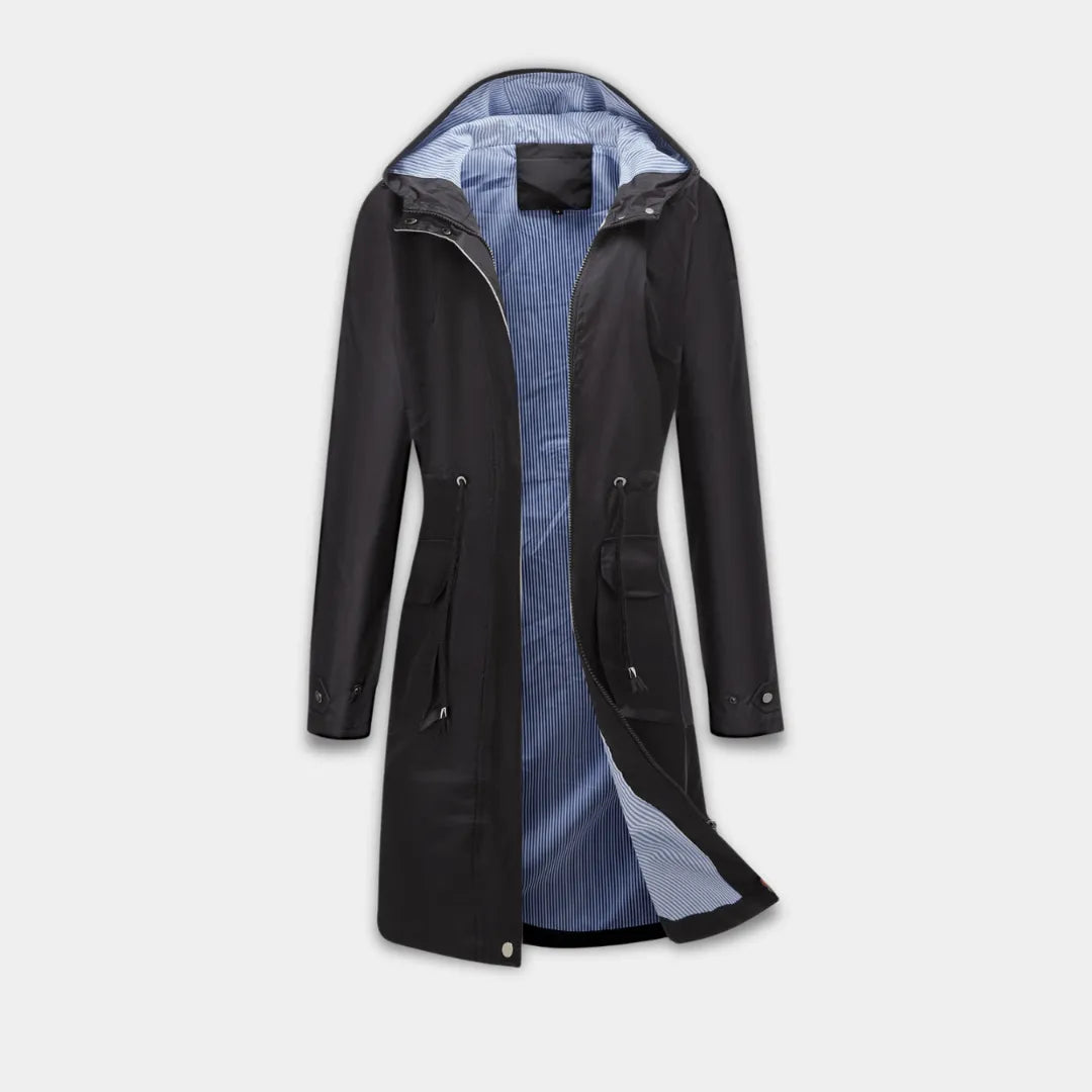 Women’s Longline Hooded Jacket with Adjustable Waist and Water-Resistant Fabric-Black