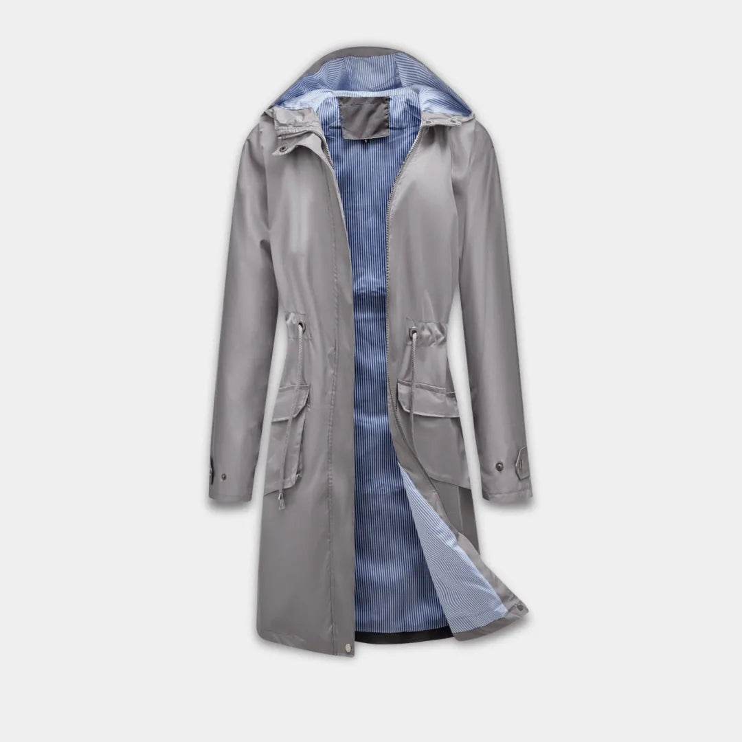 Women’s Longline Hooded Jacket with Adjustable Waist and Water-Resistant Fabric-Grey
