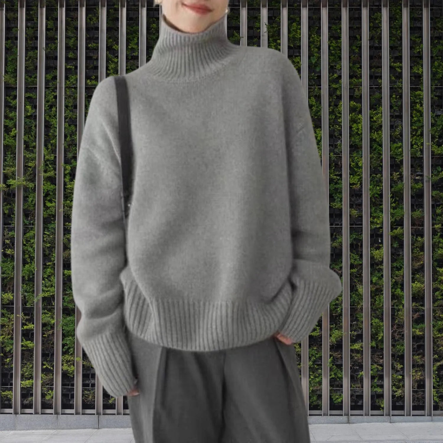 Women's Loose Fit Turtleneck Sweater-Grey