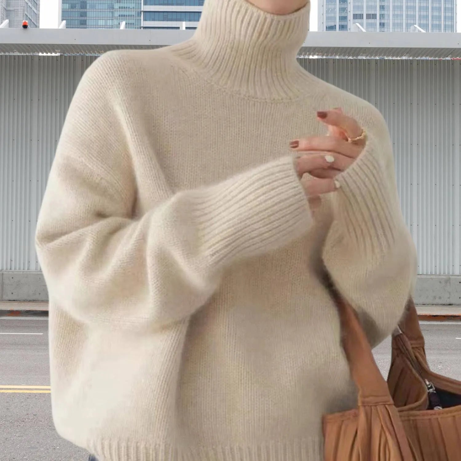 Women's Loose Fit Turtleneck Sweater-Beige
