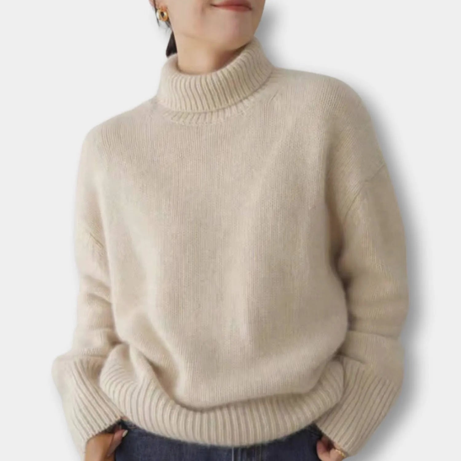 Women's Loose Fit Turtleneck Sweater-Beige