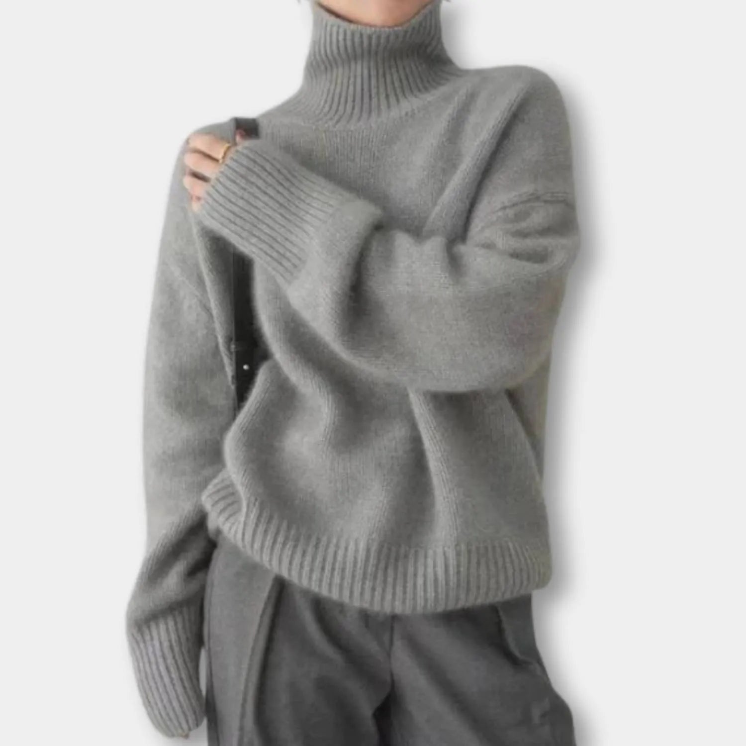 Women's Loose Fit Turtleneck Sweater-Grey