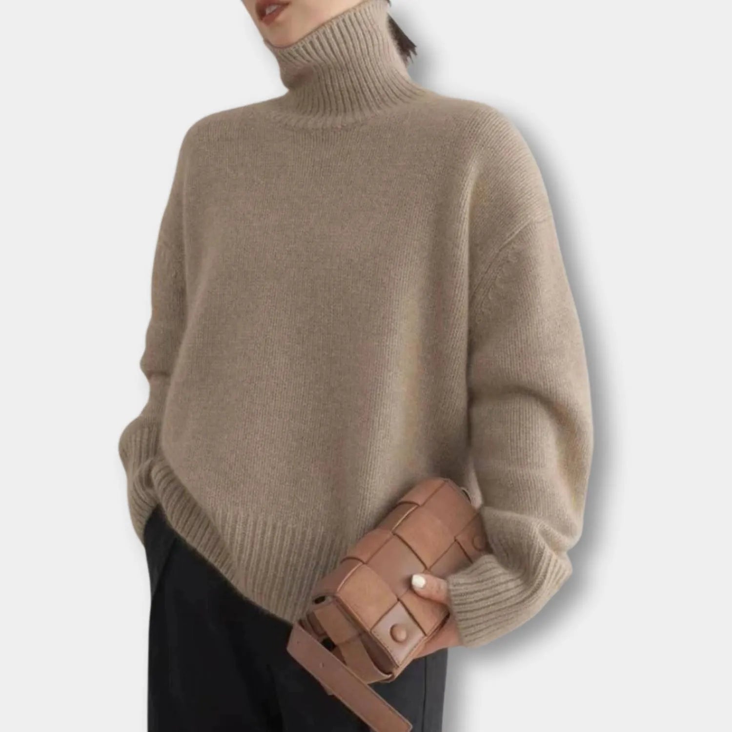 Women's Loose Fit Turtleneck Sweater-Khaki