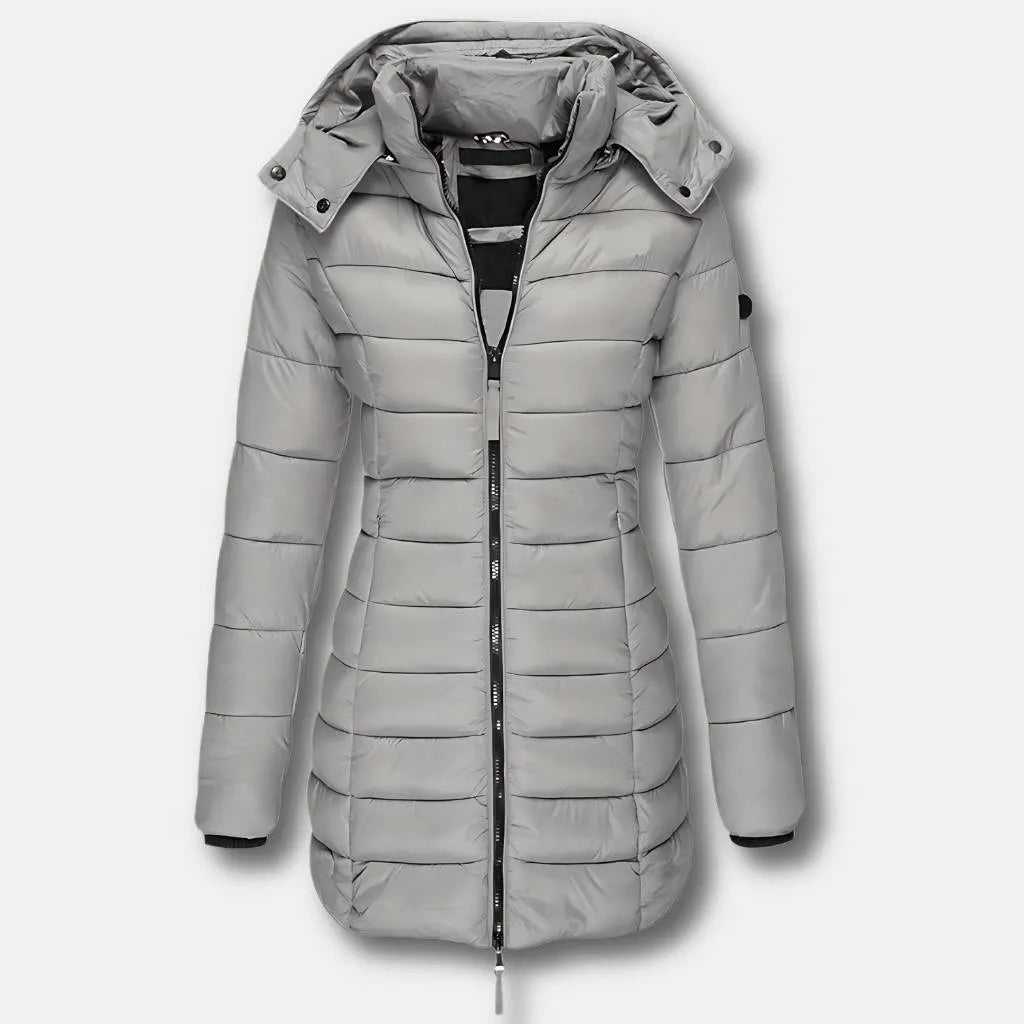 Women’s Padded Long Coat with Hood and Insulated Lining-Grey