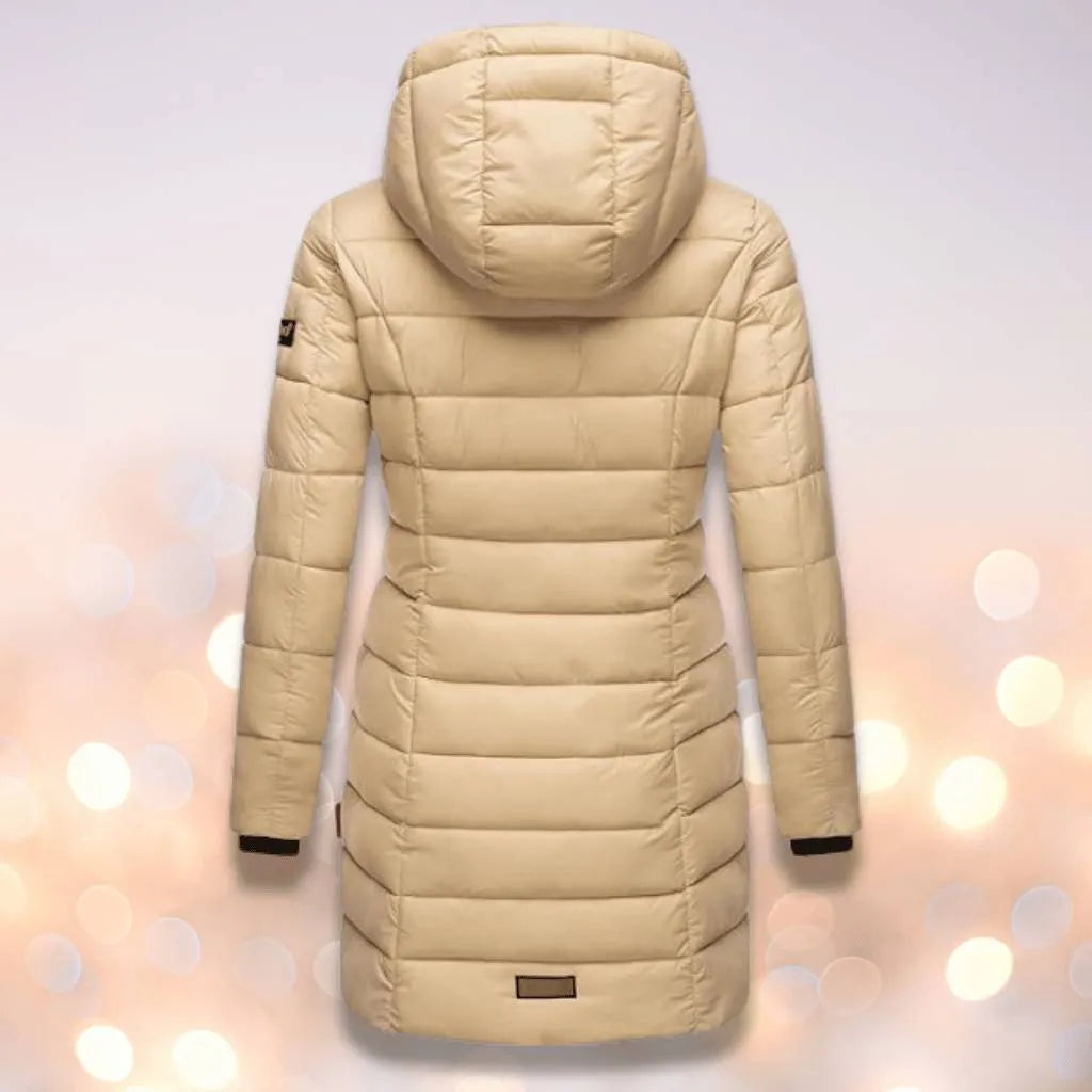 Women’s Padded Long Coat with Hood and Insulated Lining-Beige