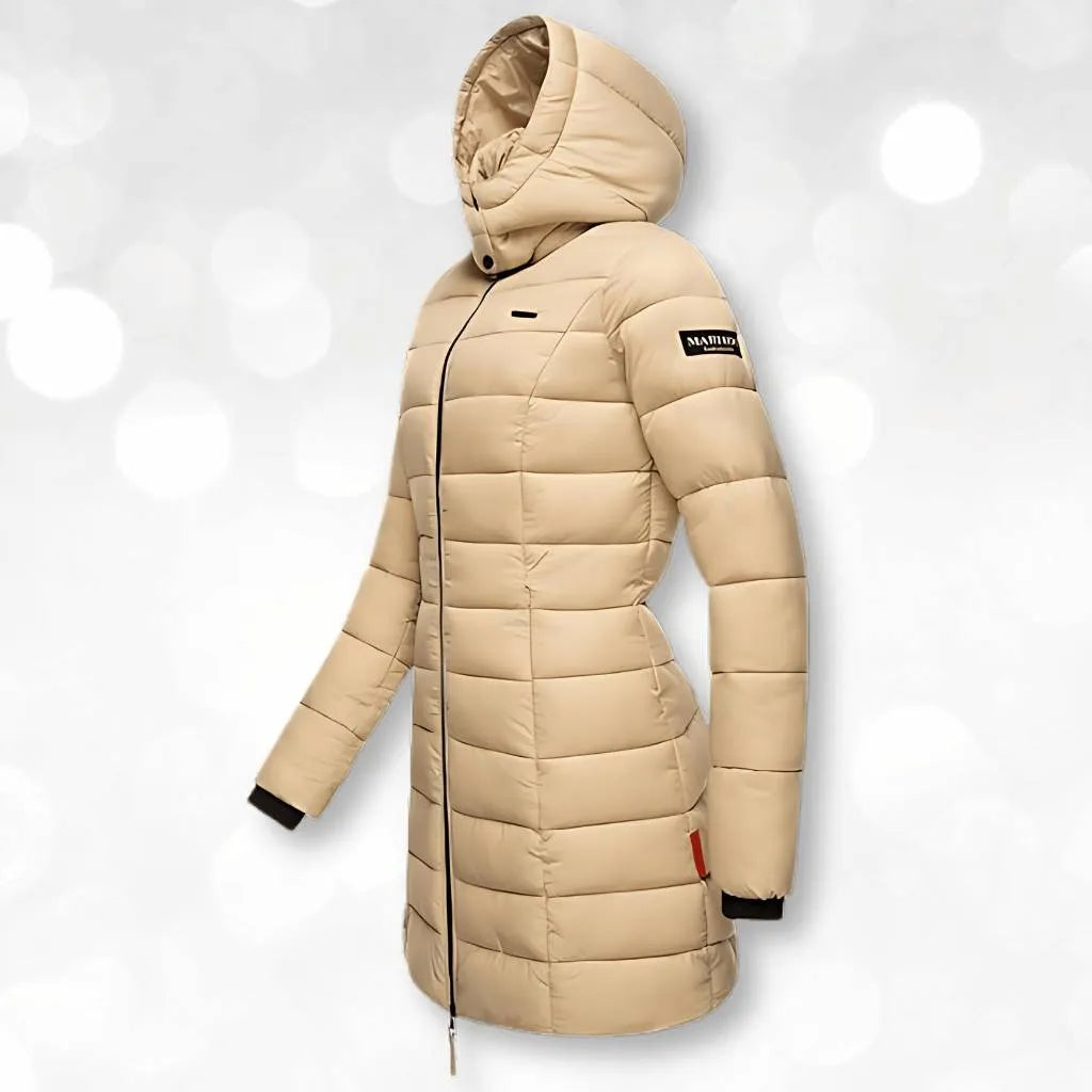 Women’s Padded Long Coat with Hood and Insulated Lining-Beige