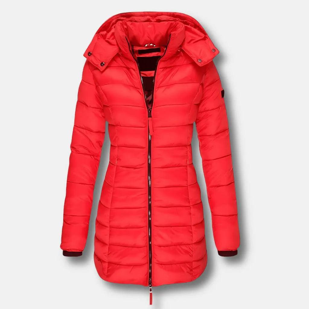Women’s Padded Long Coat with Hood and Insulated Lining-Red