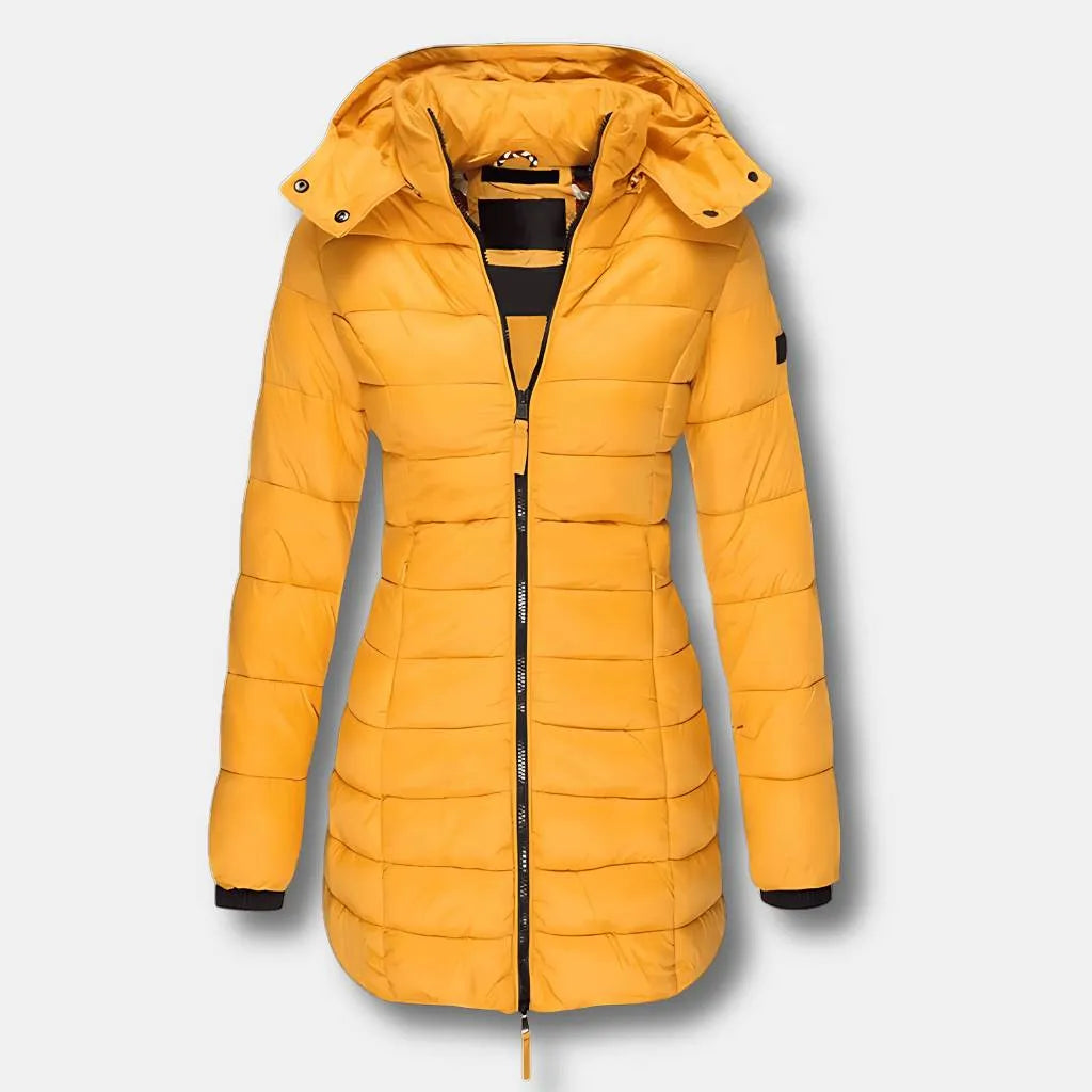 Women’s Padded Long Coat with Hood and Insulated Lining-Yellow