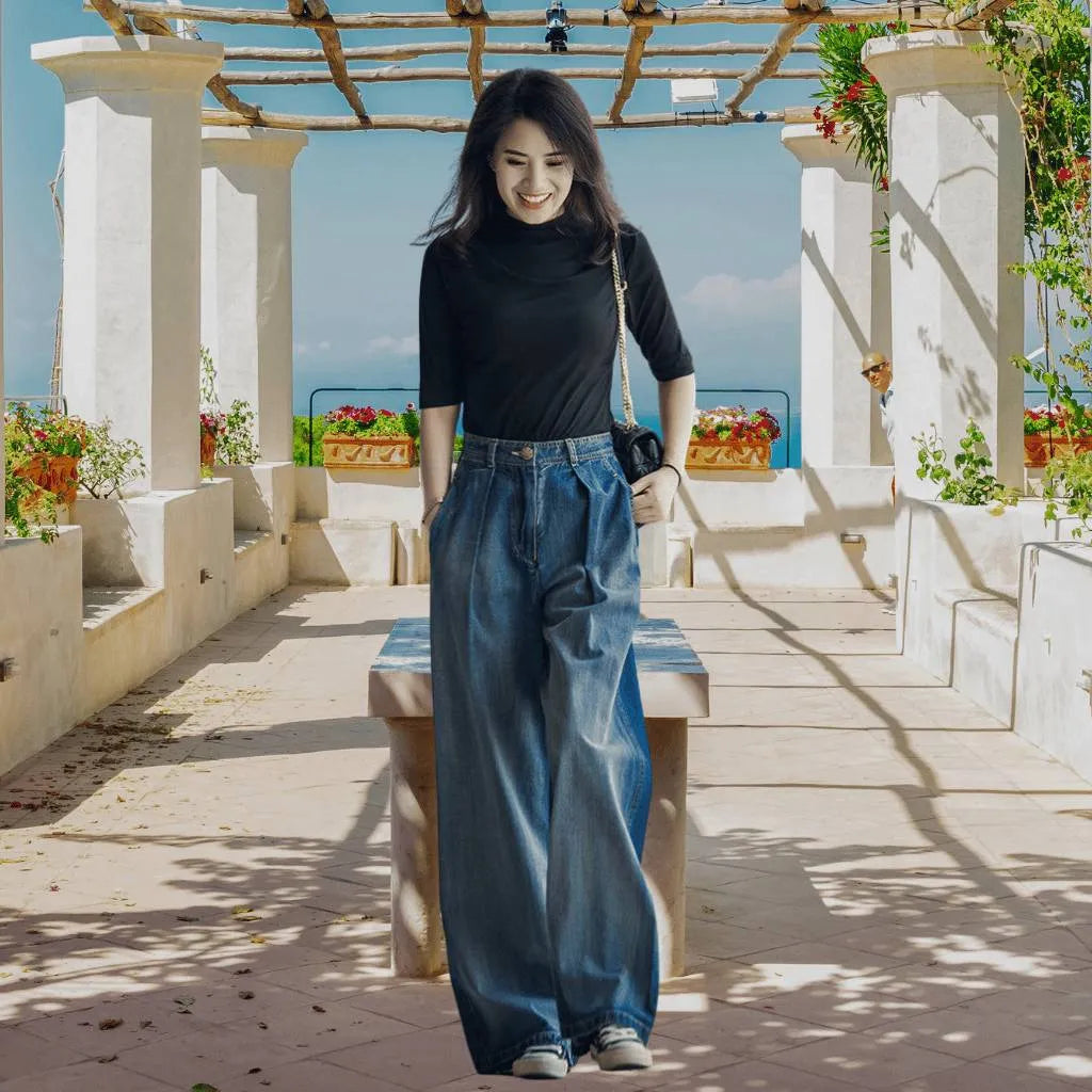 Women’s Retro Wide Leg Jeans with Elastic Waistband-