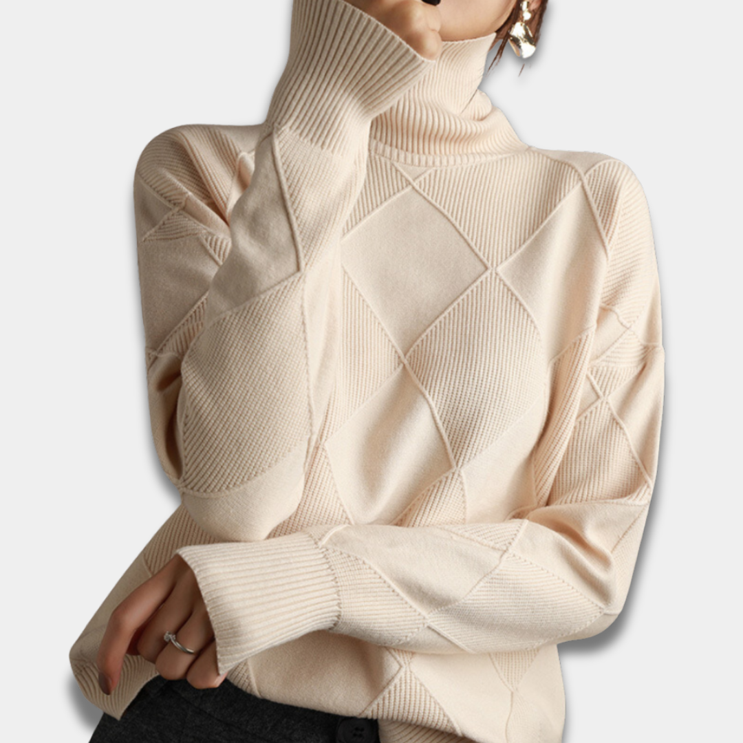 Women’s Turtleneck Sweater Geometric Knit Pattern Long Sleeve Pullover-Beige