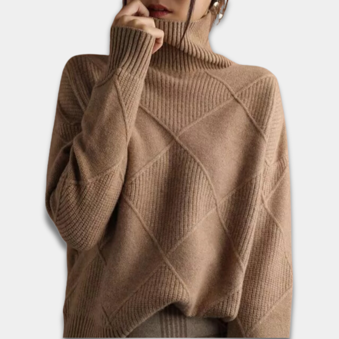 Women’s Turtleneck Sweater Geometric Knit Pattern Long Sleeve Pullover-Brown