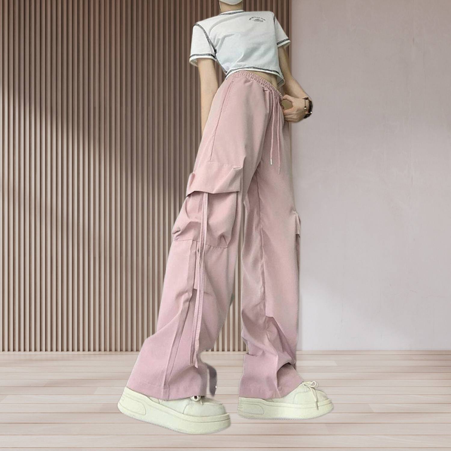 Baggy Y2K Cargo Trousers for Women with Adjustable Drawstring Waist | Blanca-Lanuvo