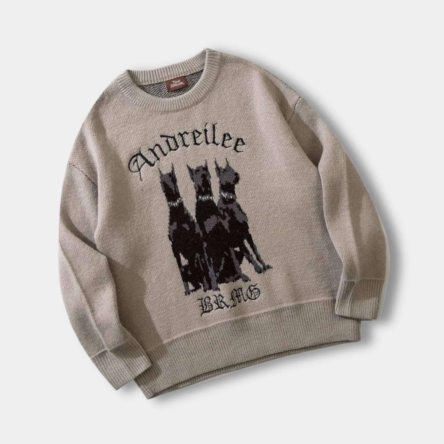 Retro Oversized Doberman Knitted Sweater for Unisex with Gothic Letters-Lanuvo