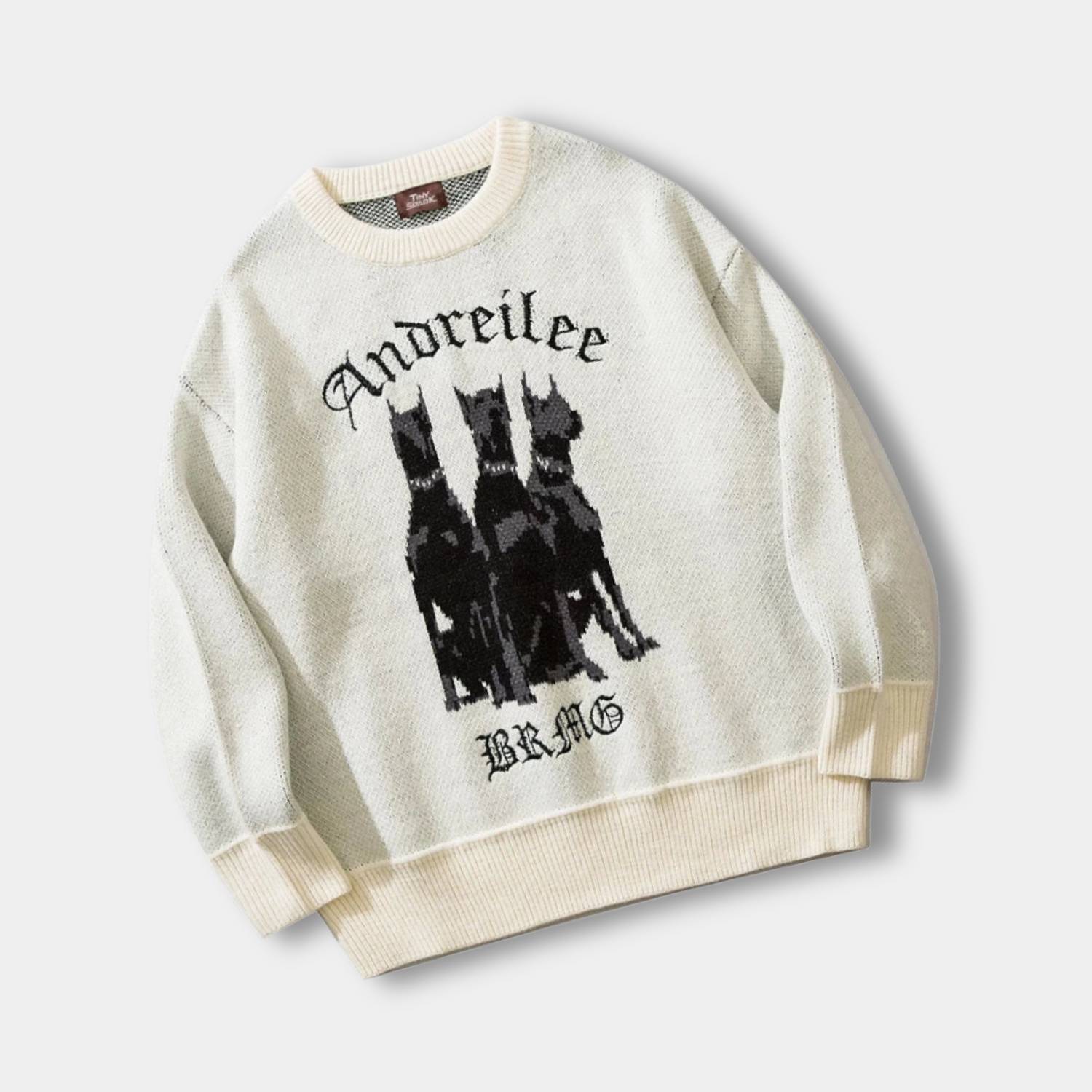 Retro Oversized Doberman Knitted Sweater for Unisex with Gothic Letters-Lanuvo
