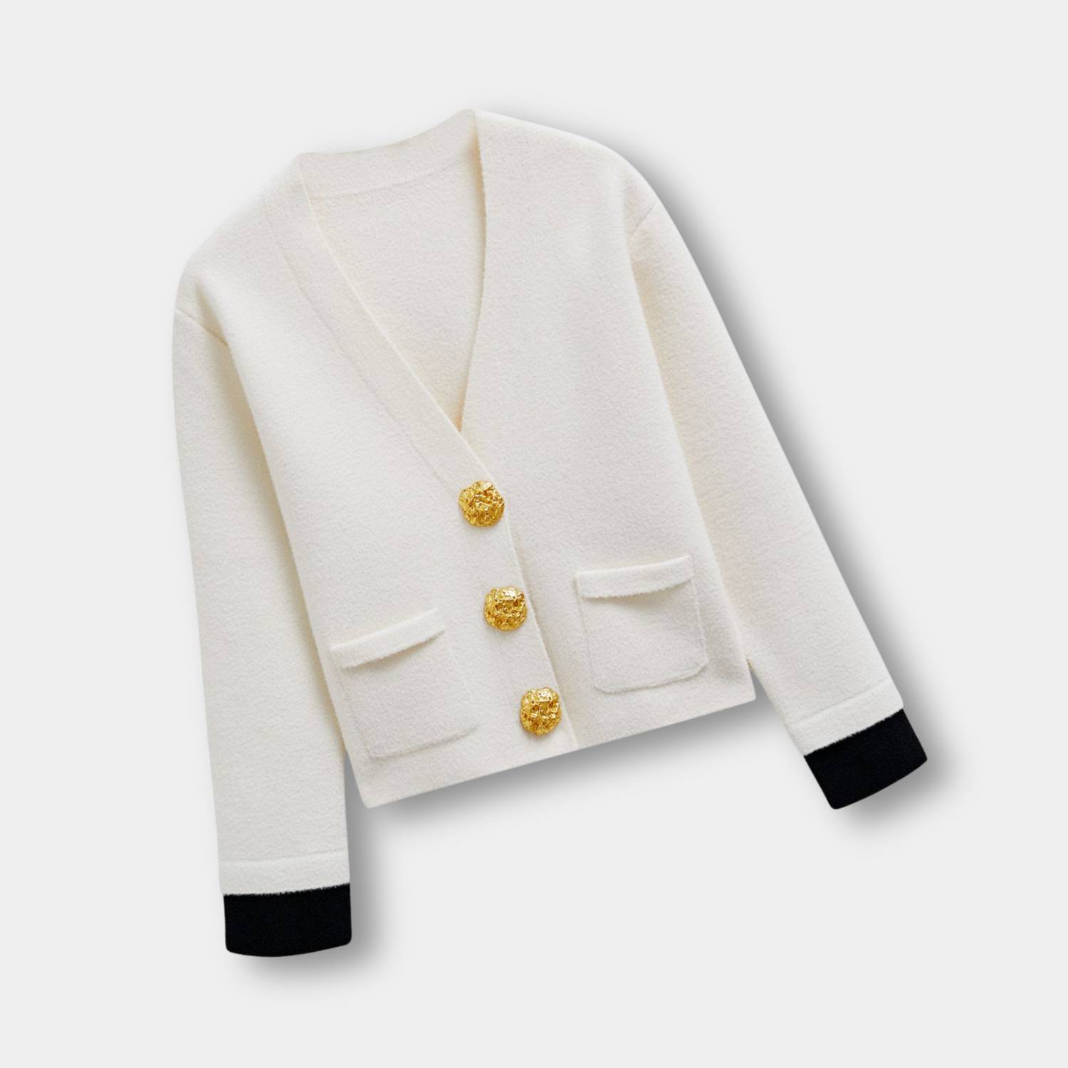 V-neck Knitted Cardigan for Women with Contrasting Gold-Coloured Buttons | Dora-Lanuvo